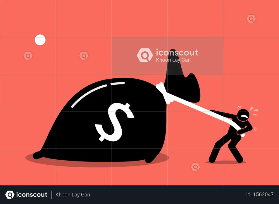 A man is struggling to pull a big bag of money because it is too heavy  Illustration