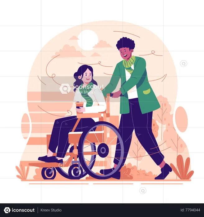 A man pushing woman in wheelchair in autumn  Illustration