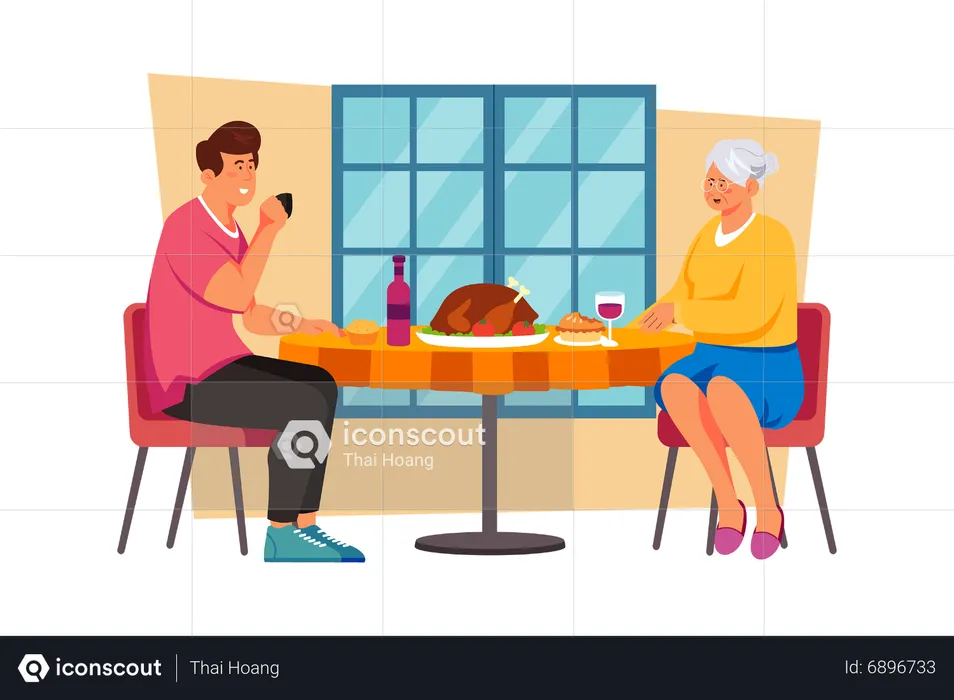 A man takes his mother out for a nice lunch to celebrate her on International Women's Day  Illustration