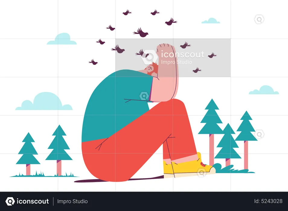 A Man Try to Cover His Face Because of His Biggest Fear to Bird  Illustration