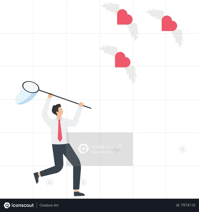 A man uses a butterfly net to catch a heart  Illustration