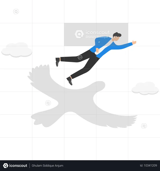 A Man With Spread Arms Flies And Underneath Is The Shadow Of A Flying Bird  Illustration