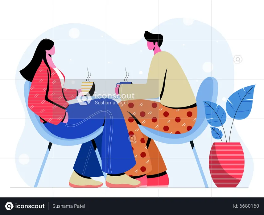 A man & woman talikg at restaurant  Illustration