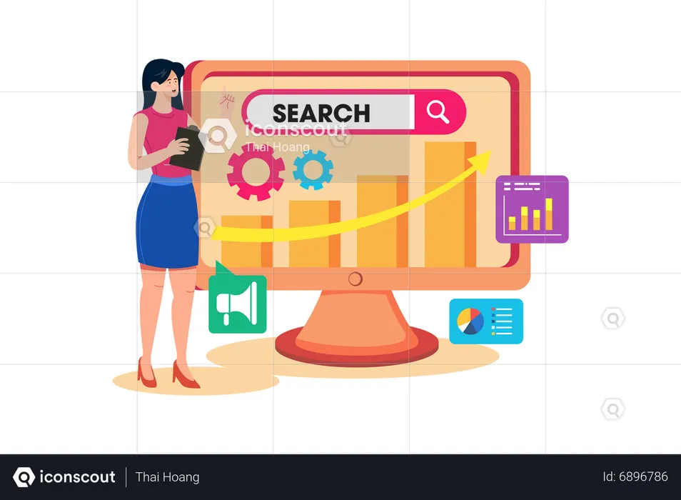 A marketer conducts keyword research to optimize a website's SEO  Illustration