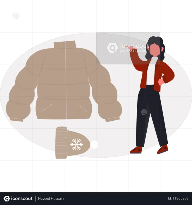 A menina está mostrando uma jaqueta puffer  Ilustração