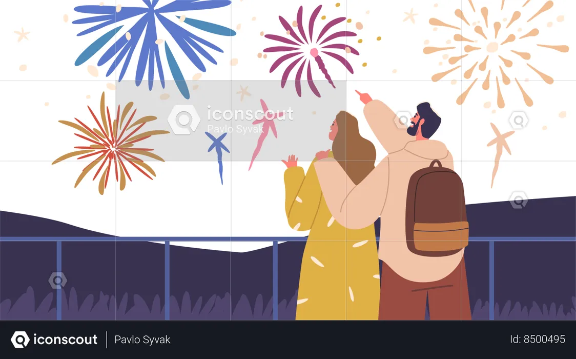 A Mesmerized Couple Embraces Gazing At The Bursting Holiday Fireworks  Illustration