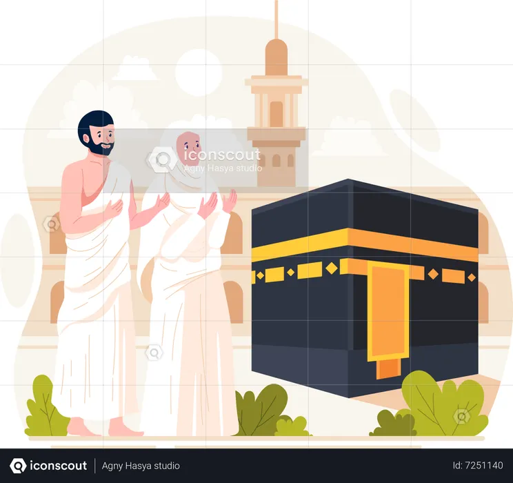 A Muslim couple performs Islamic Hajj Pilgrimage  Illustration
