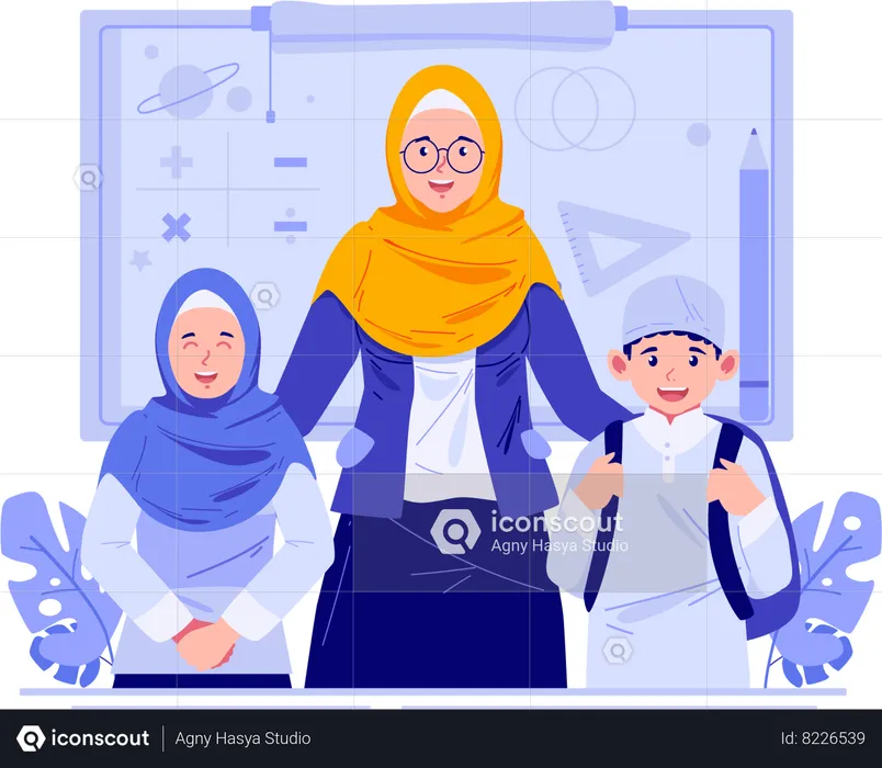 A Muslim Female Teacher With Children Students  Illustration