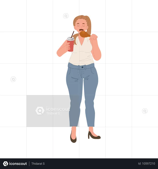 A plus-size woman is happily enjoying her fast food meal  Illustration
