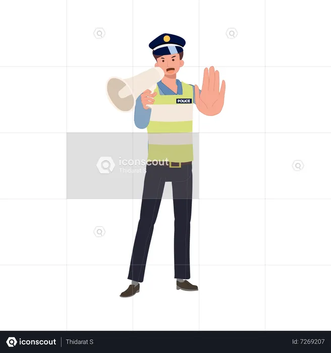 Uma polícia de trânsito segurando megafone e fazendo gesto de parada manual  Ilustração