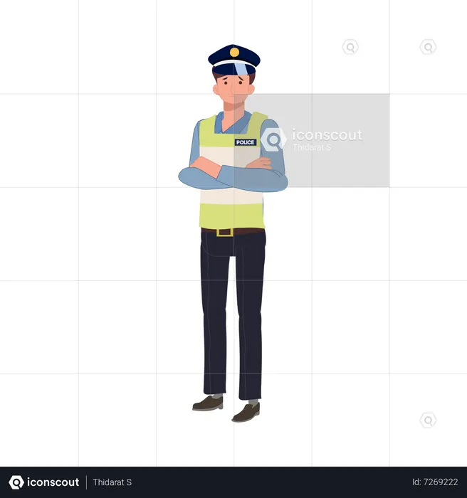 A sad traffic police is standing with arms crossed and thinking  Illustration