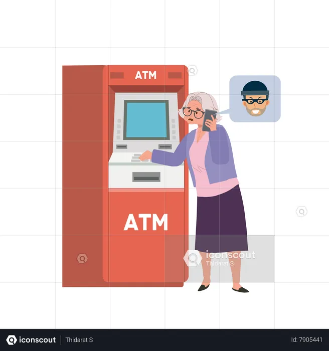 A scammer is tricks an elderly woman into transferring money at ATM machine  Illustration