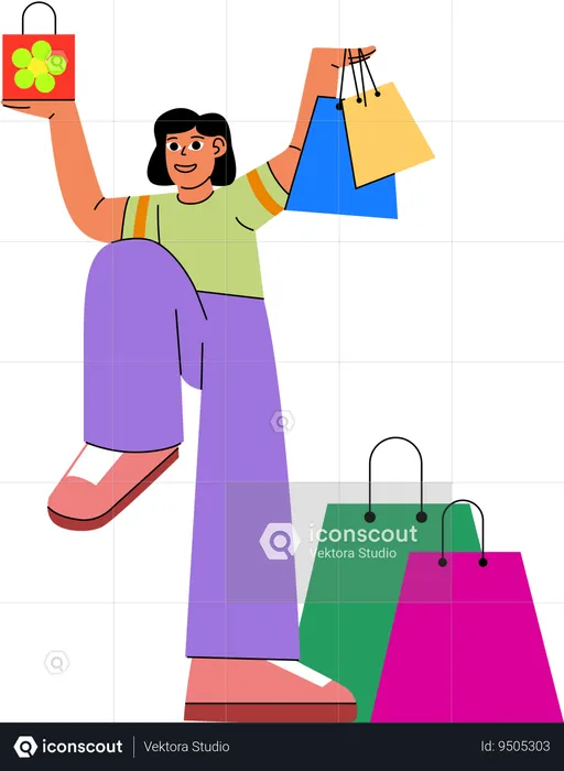 A shopper triumphantly raises shopping bags  Illustration