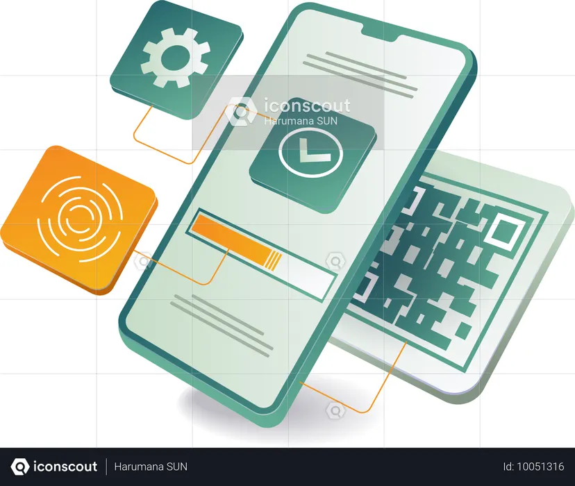 A smartphone displaying a clock and various icons, including a barcode scanning feature  Illustration