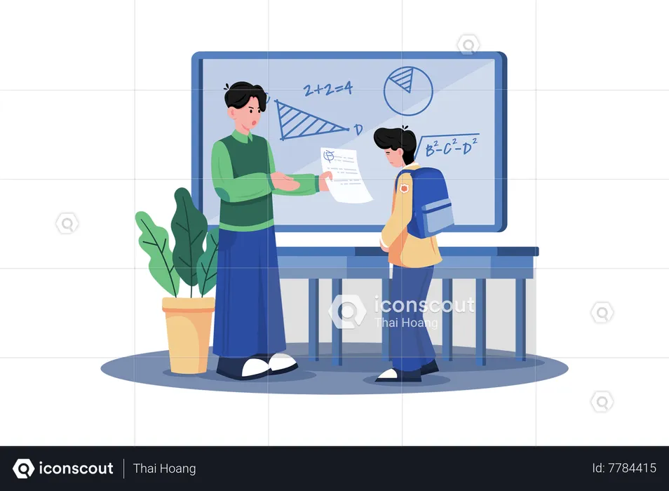 A teacher grades papers and provides feedback to students  Illustration