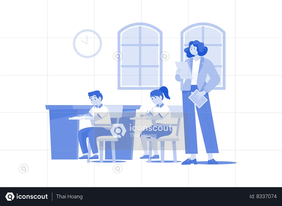 A test administrator oversees students while they take a test  Illustration