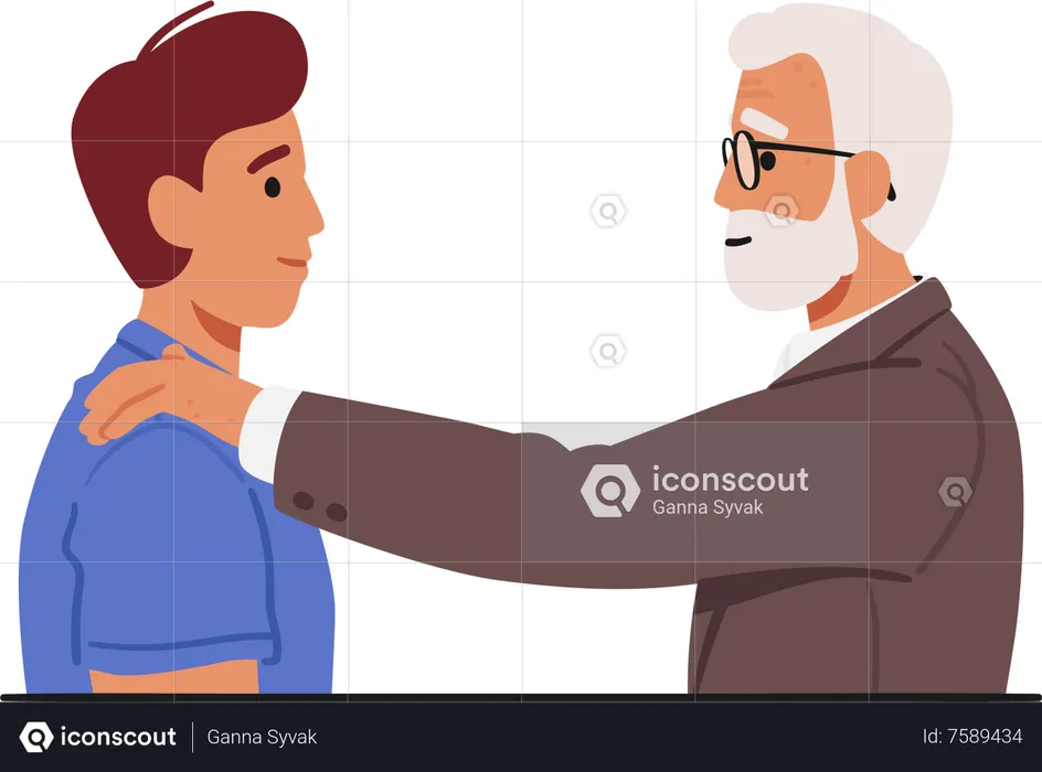A Touching Gesture Of Guidance And Wisdom As The Old Man Character Places His Hand On The Young Man's Shoulders  Illustration