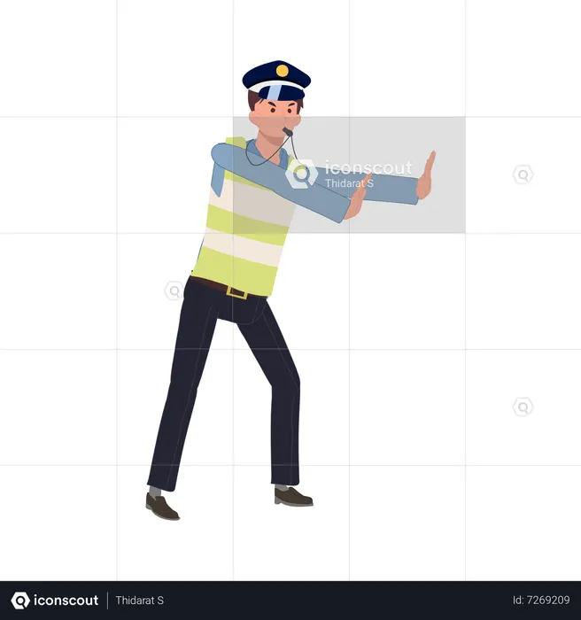 A traffic police blowing whistle and gesturing hand as stop  Illustration