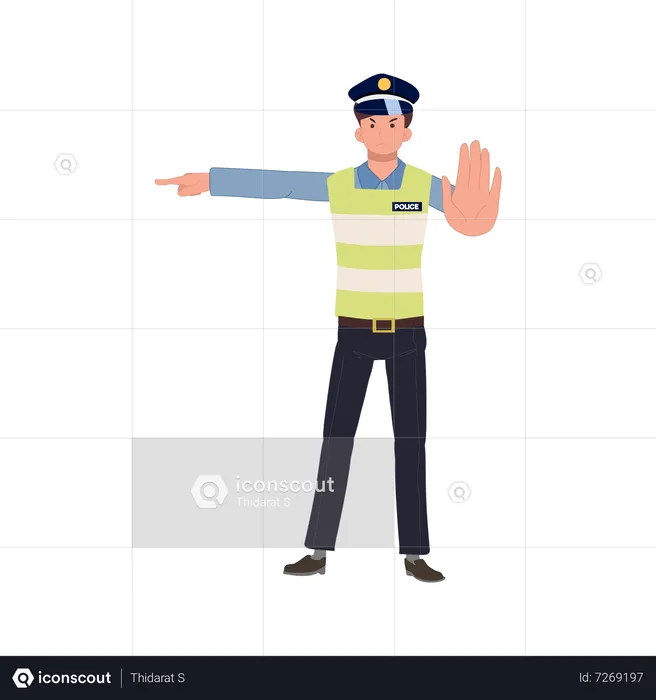 A traffic police gesturing to stop and block road  Illustration