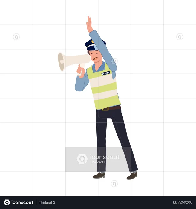 A traffic police holding megaphone and doing gesture hand stop sign  Illustration