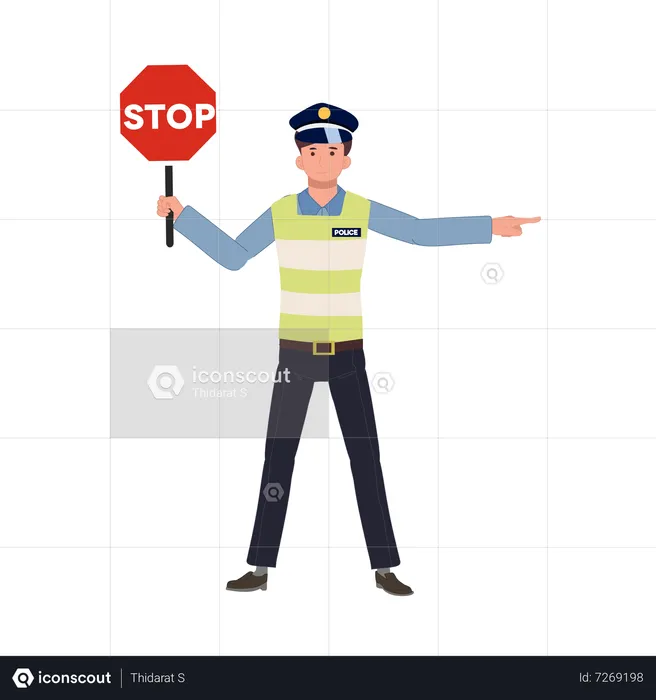 A traffic police holding stop sign and Turn another way  Illustration