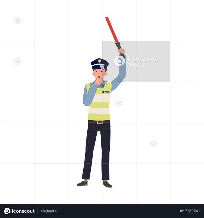 A traffic police is blowing whistle and holding traffic baton up above head  Illustration