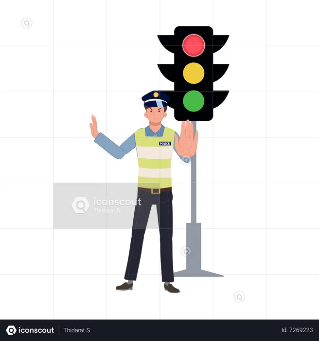 A traffic police is doing stop hand sign near traffic light  Illustration