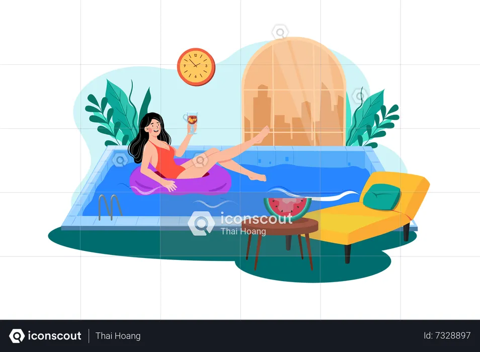 A woman enjoys a morning swim in the hotel pool during her vacation  Illustration