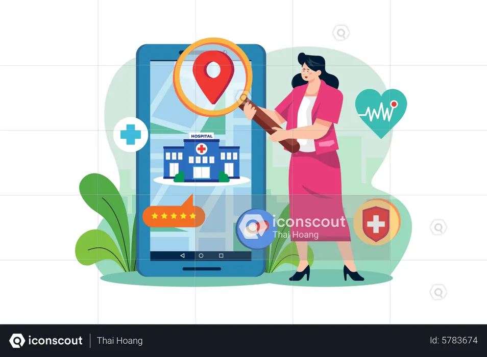 A woman finding nearby hospital  Illustration
