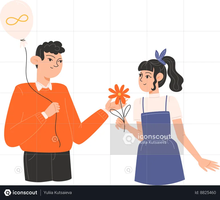 A woman gives a flower to a man holding a golden infinity balloon for Autism Awareness Day  Illustration