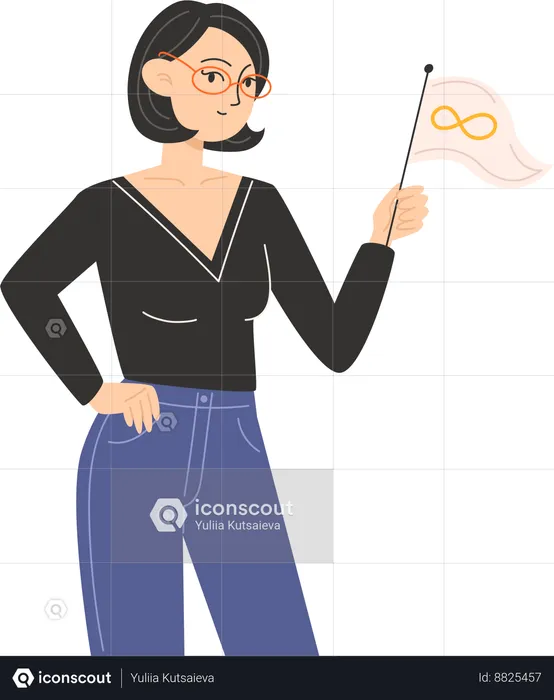 A woman holding a flag with a golden infinity symbol for Autism Awareness Day  Illustration