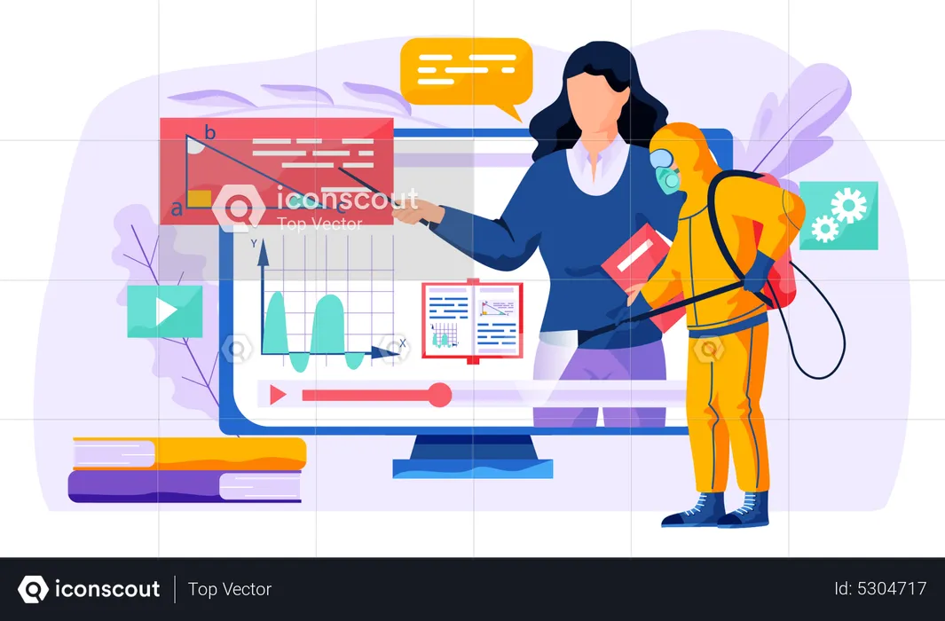 A woman leads a distance lesson algebra. A man from epidemiological service doing disinfection  Illustration