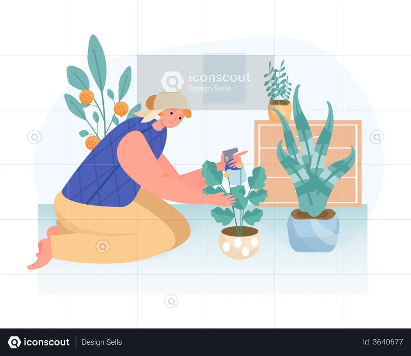 A woman planting a pot of flowers at home  Illustration