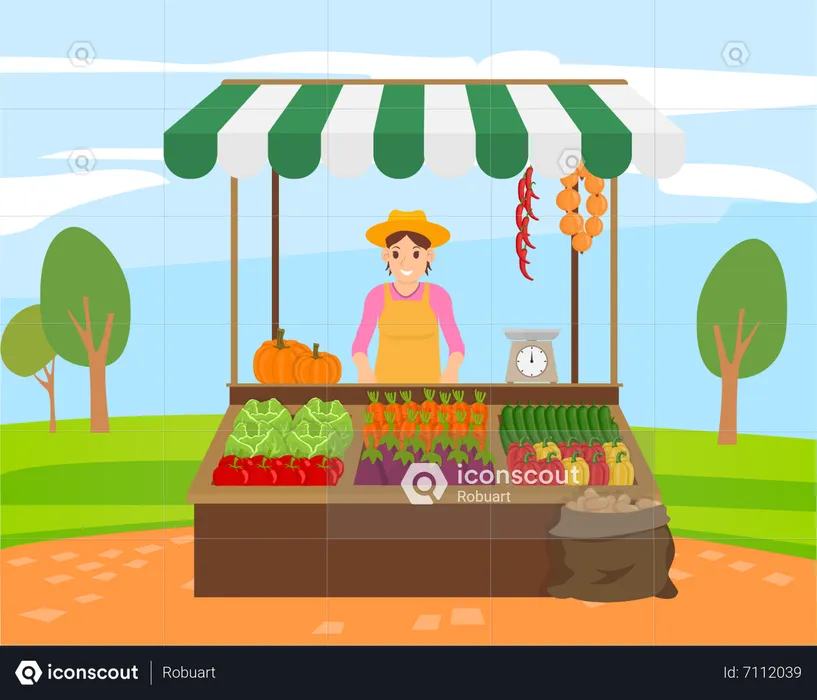 A woman sells vegetables in a vegetable shop at the market  Illustration