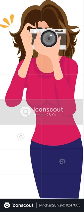 A woman stands with a camera  Illustration