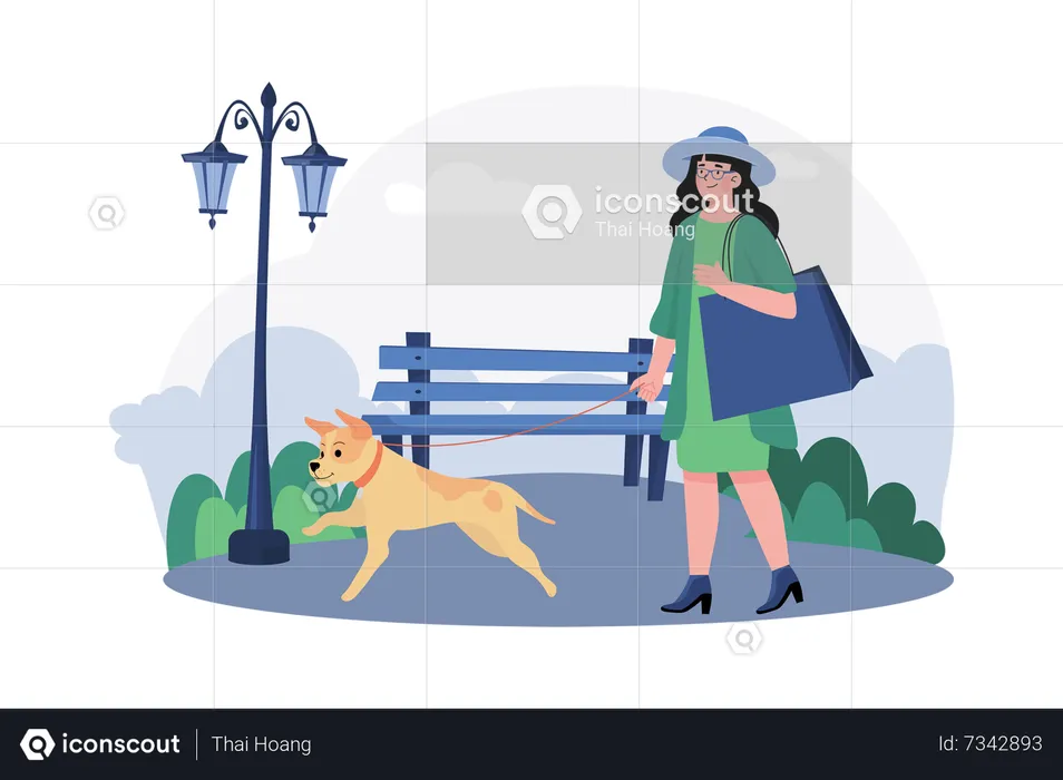 A woman takes her dog for a morning walk in the neighborhood park  Illustration