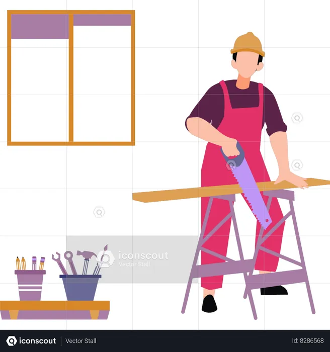 A worker is cutting wood with a saw  Illustration