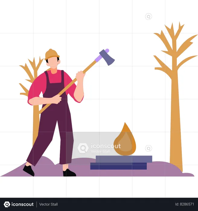 A worker is standing in the forest with an axe  Illustration