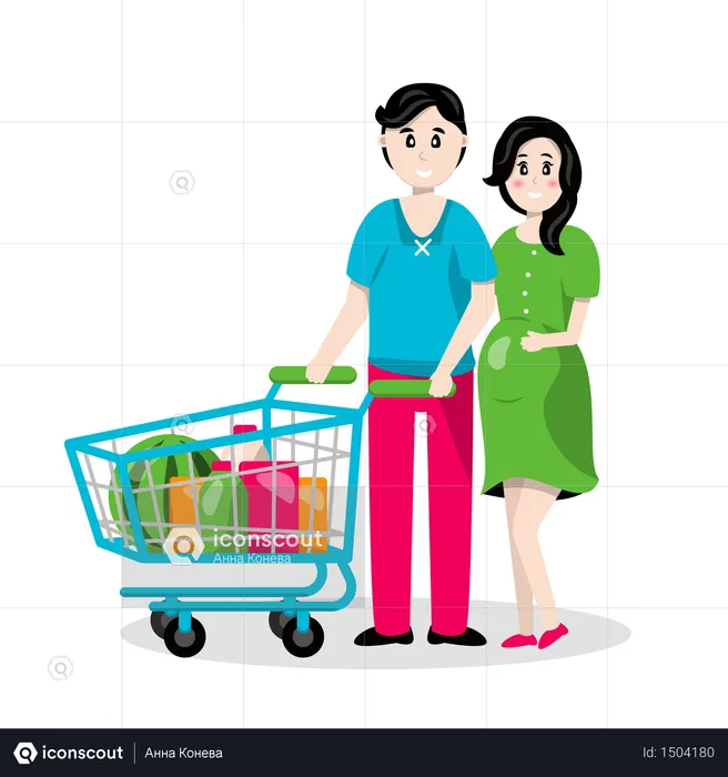 A young family, a man and a pregnant woman are carrying a cart in a supermarket with groceries  Illustration