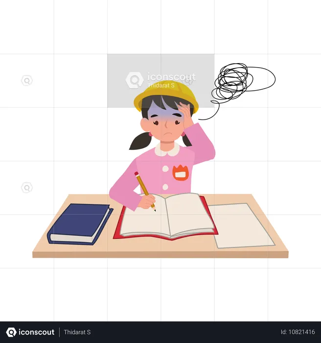 A young girl in a japanese kindergarten uniform struggles with difficult homework at her school desk  Illustration