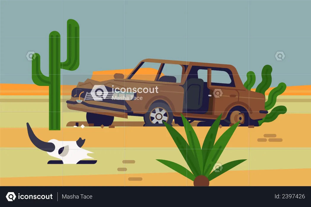 Abandoned rusty old car wreckage in desert with saguaro cactus and an animal skull next to it  Illustration