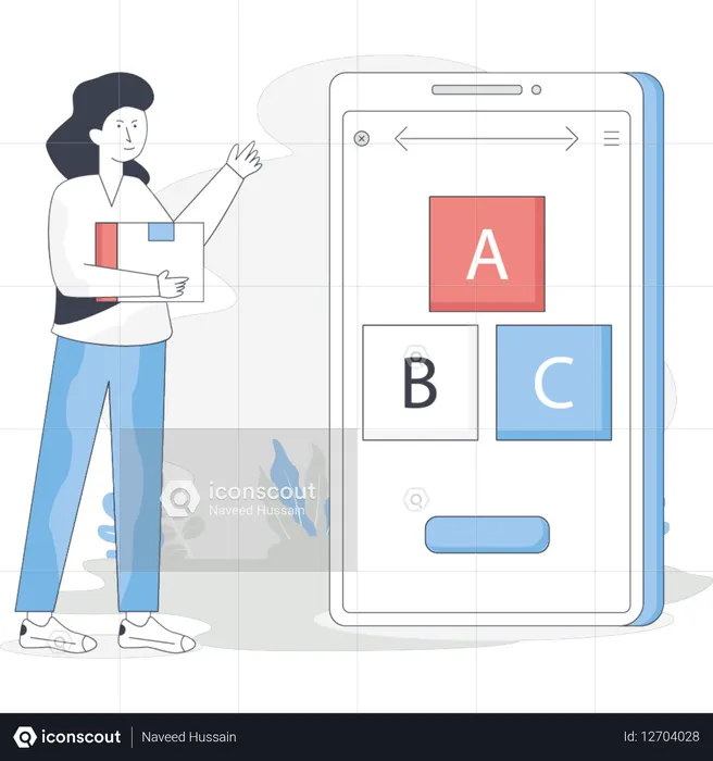 女性は片手に本を持ち、もう片方の手には「abc」の文字が表示されたスマートフォンを持っている。  イラスト