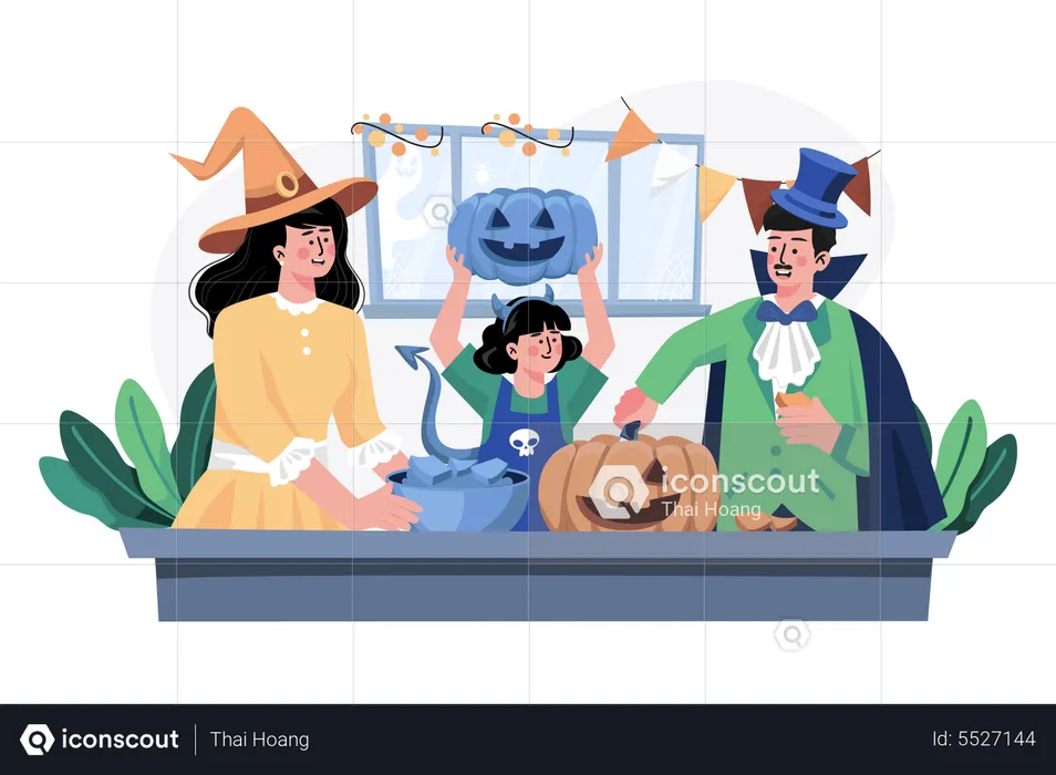 Família decorando abóbora para o Halloween  Ilustração