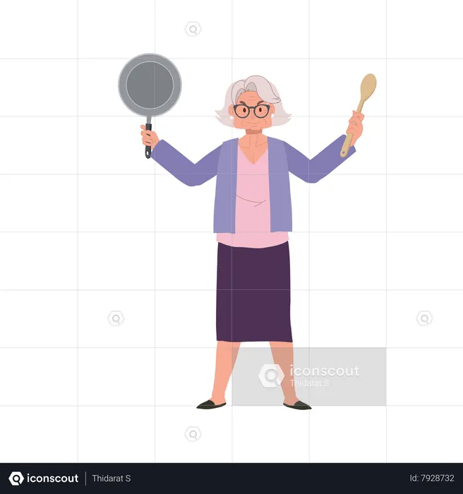 Abuelita alegre sosteniendo sartén y espátula  Ilustración