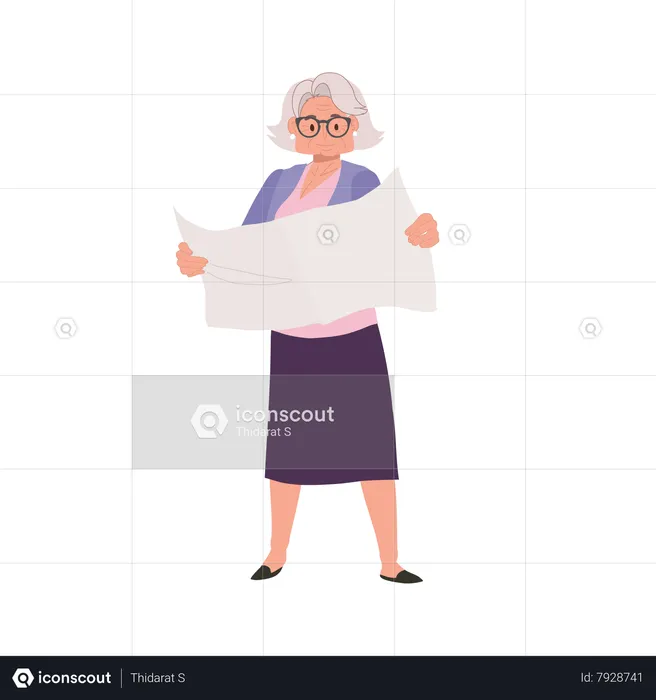 Abuela de pie absorta en la lectura del periódico  Ilustración