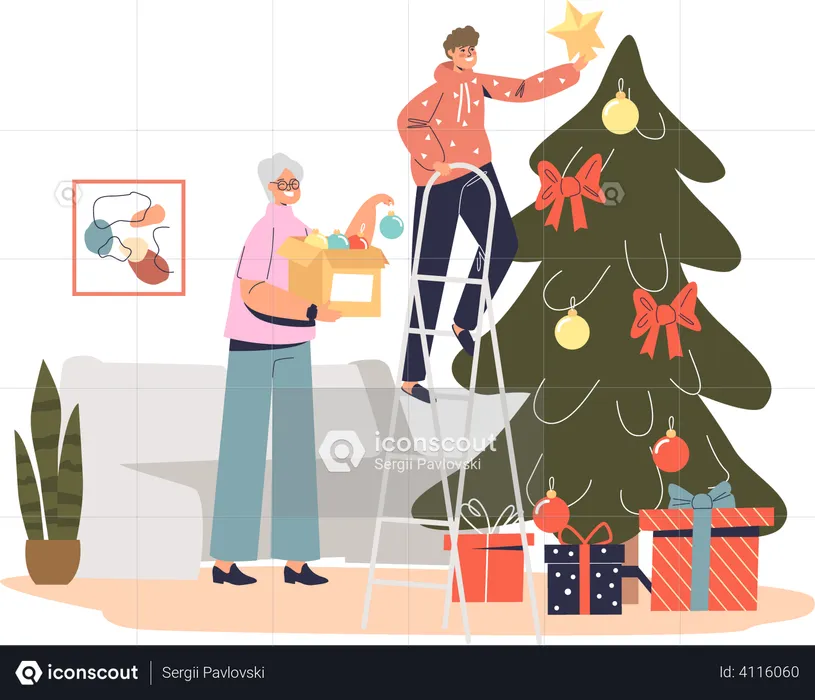 Abuela decorando el árbol de navidad junto con su nieto colgando una estrella en la cima del pino  Ilustración