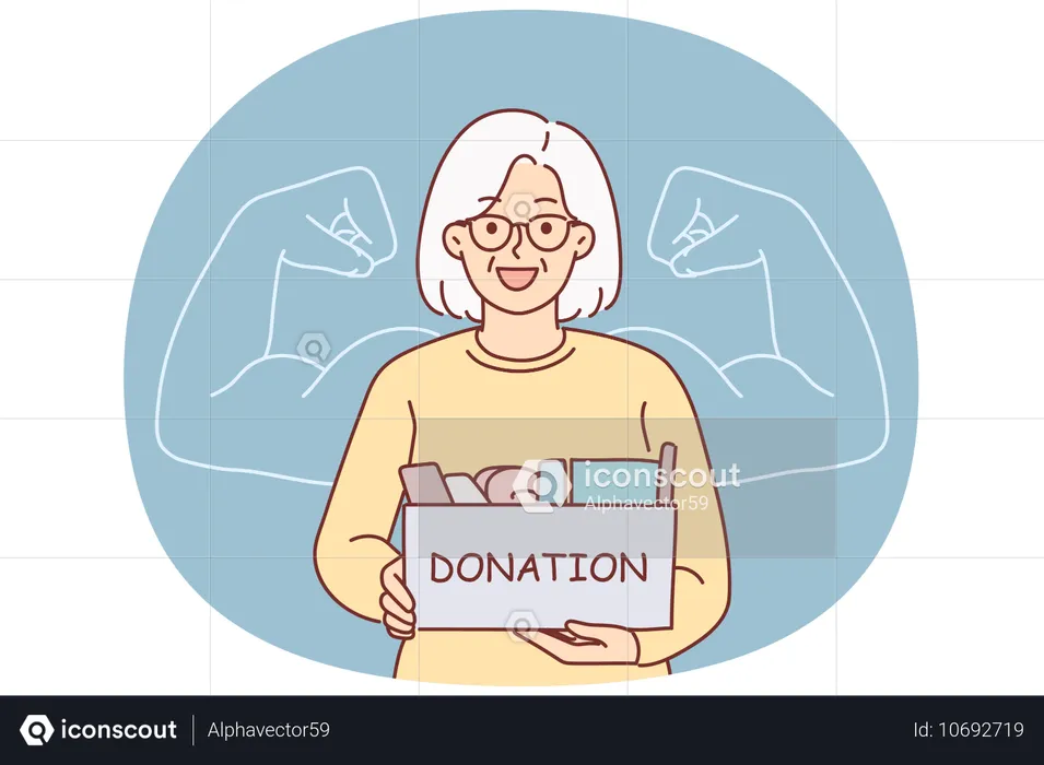 Abuela sosteniendo una caja de donaciones y queriendo ayudar a personas necesitadas en problemas  Ilustración