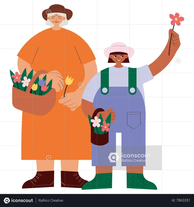 Abuela y nieta con cesta de flores.  Ilustración