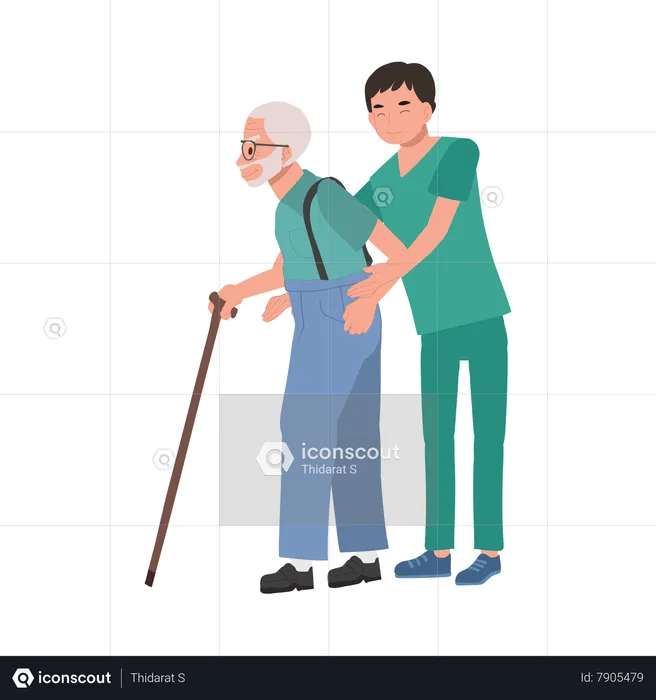 Asistencia para caminar del abuelo por parte de un enfermero feliz en uniforme  Ilustración