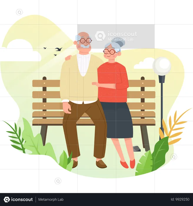 Abuelo y abuela sentados en el parque  Ilustración